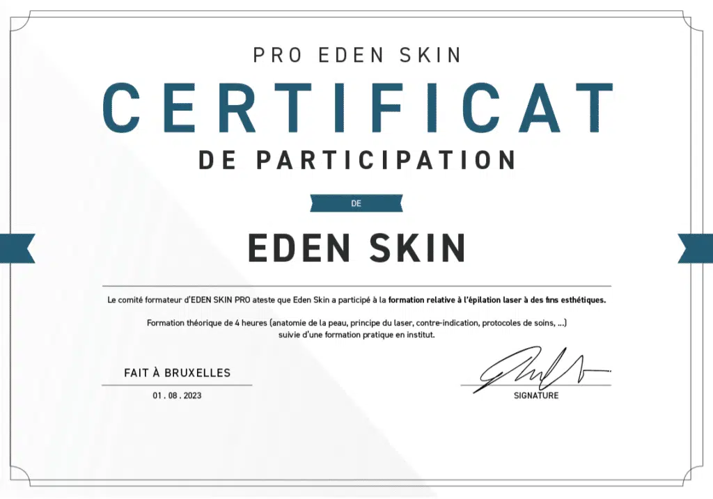 Certificat de participation à une formation Eden Skin