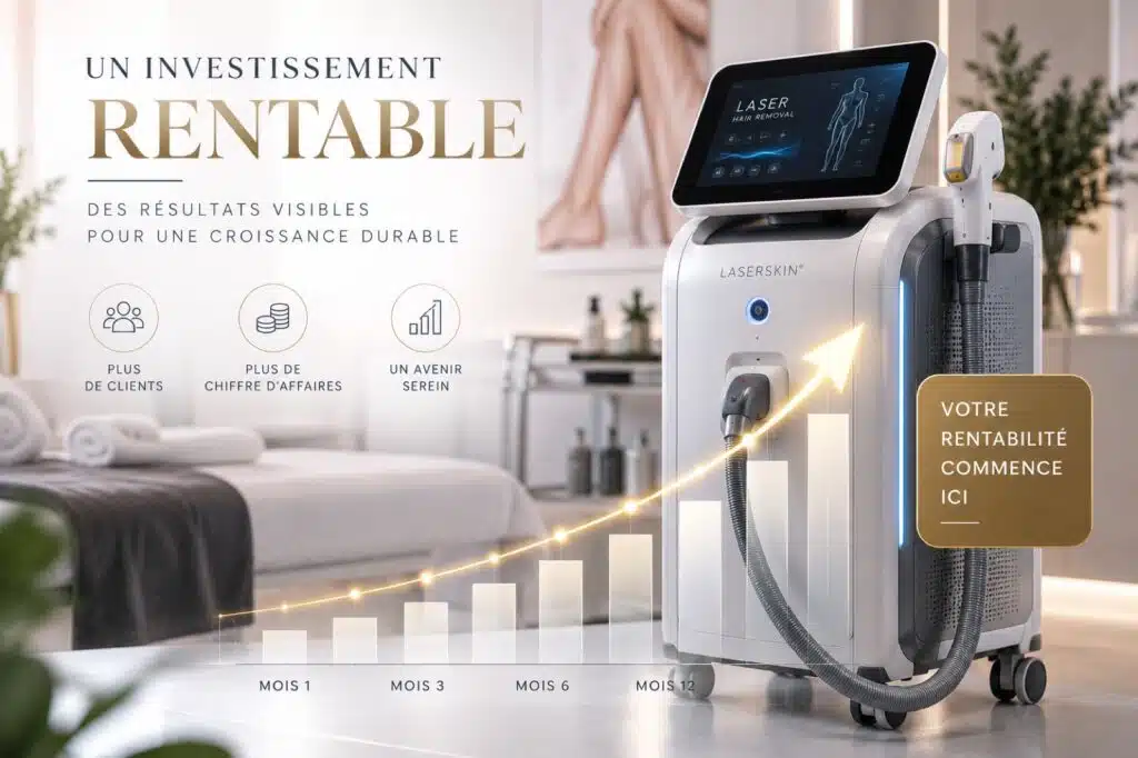 Un laser d'épilation professionnel devant une courbe de rentabilité sur douze mois