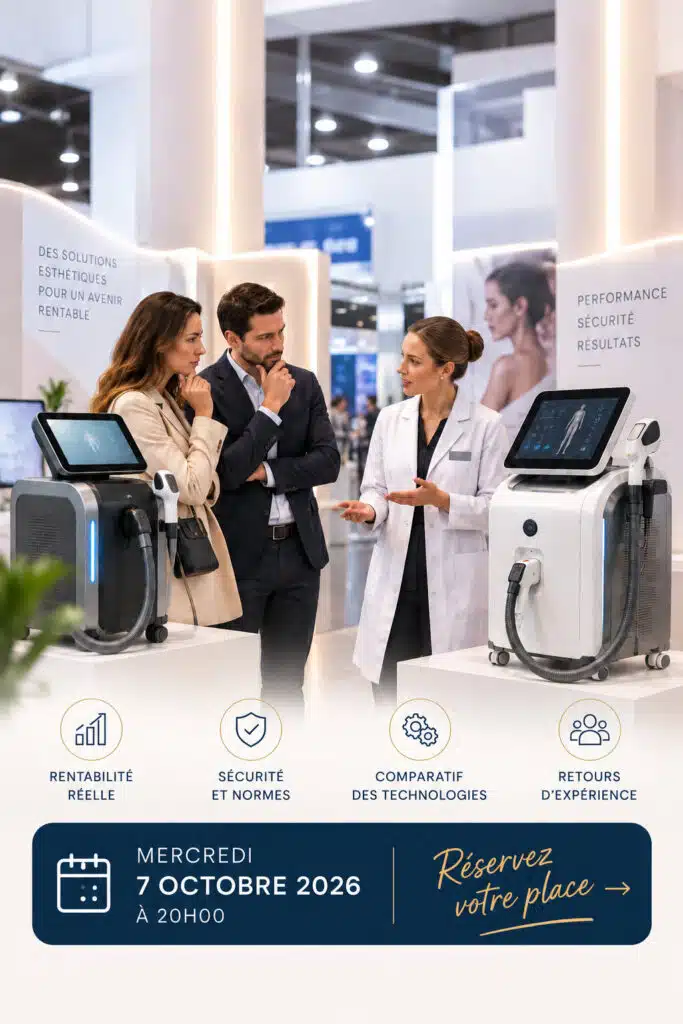 Trois professionnels échangent devant deux appareils d'épilation laser lors d'un salon, avec la date du webinaire du 7 octobre 2026