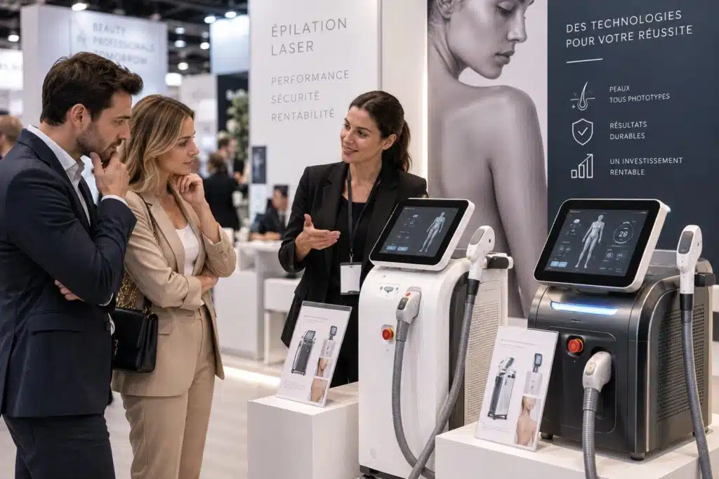 Une conseillère présente deux lasers d'épilation à un couple de professionnels sur un salon