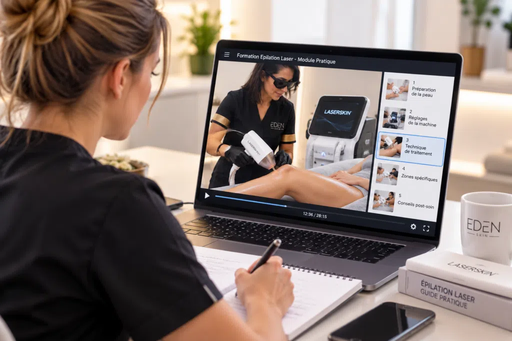 Formation en ligne : module pratique d’épilation au LASERSKIN suivi sur ordinateur